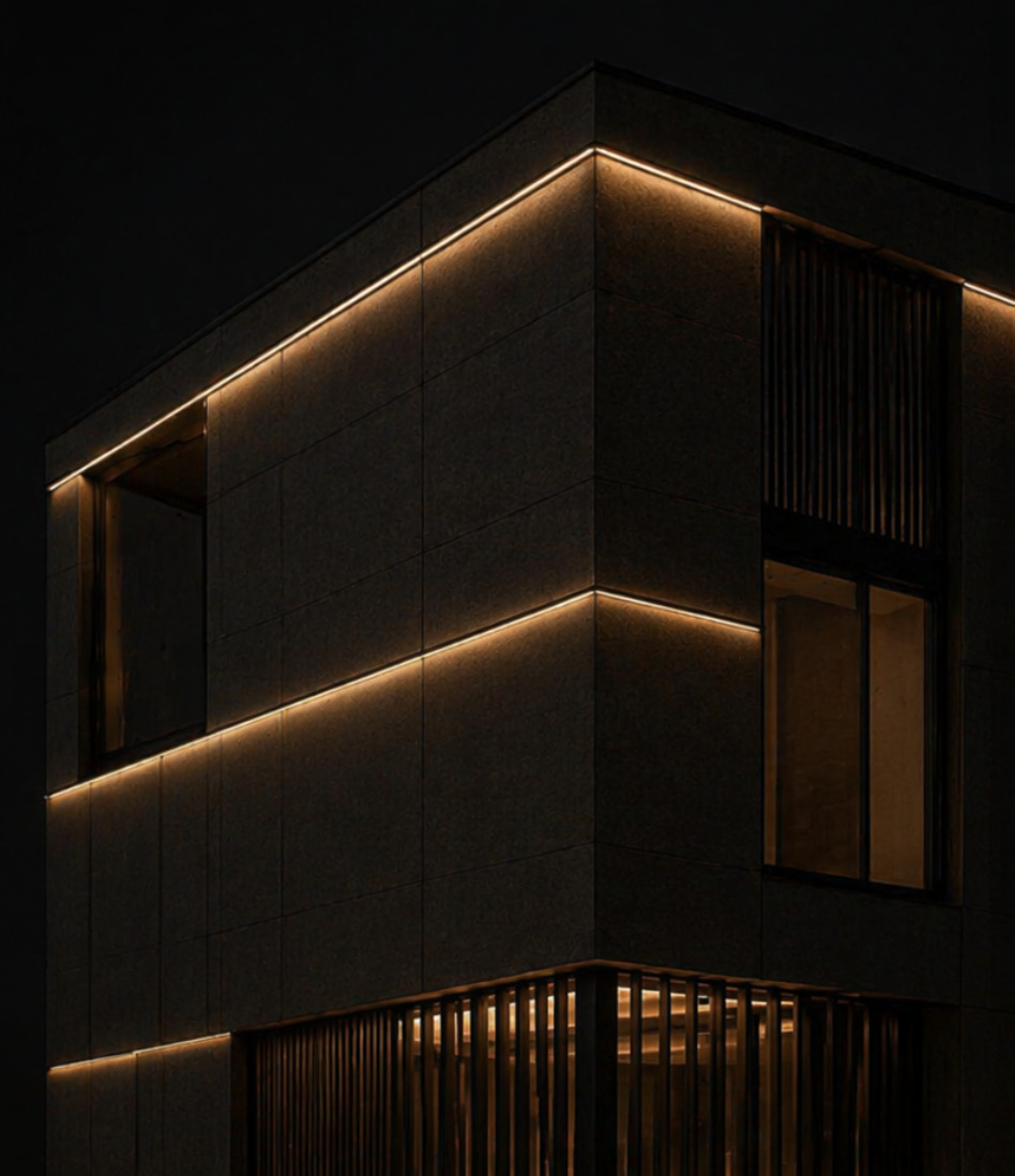 Dark architectural facade at night with amber linear LED lighting wrapping the corner of the building